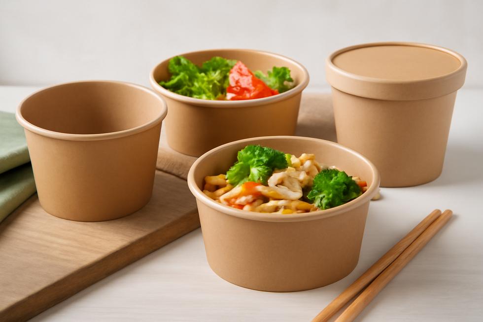 A collection of 360ml paper bowls in various settings, highlighting their versatility and eco-friendly nature.