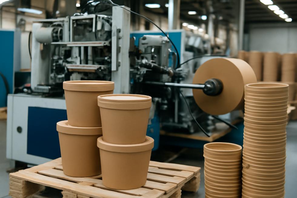 An overview of the paper bucket manufacturing process, highlighting machinery, eco-friendly materials, and packaged products.