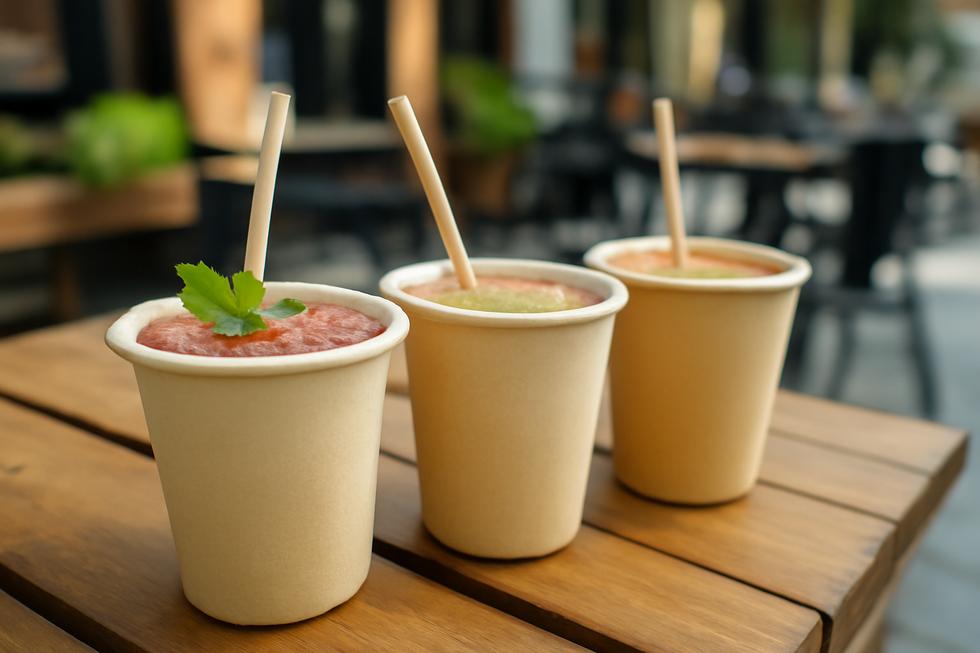 Sugarcane cups displayed on a table at an outdoor café, filled with juicy beverages, under a sunny sky.