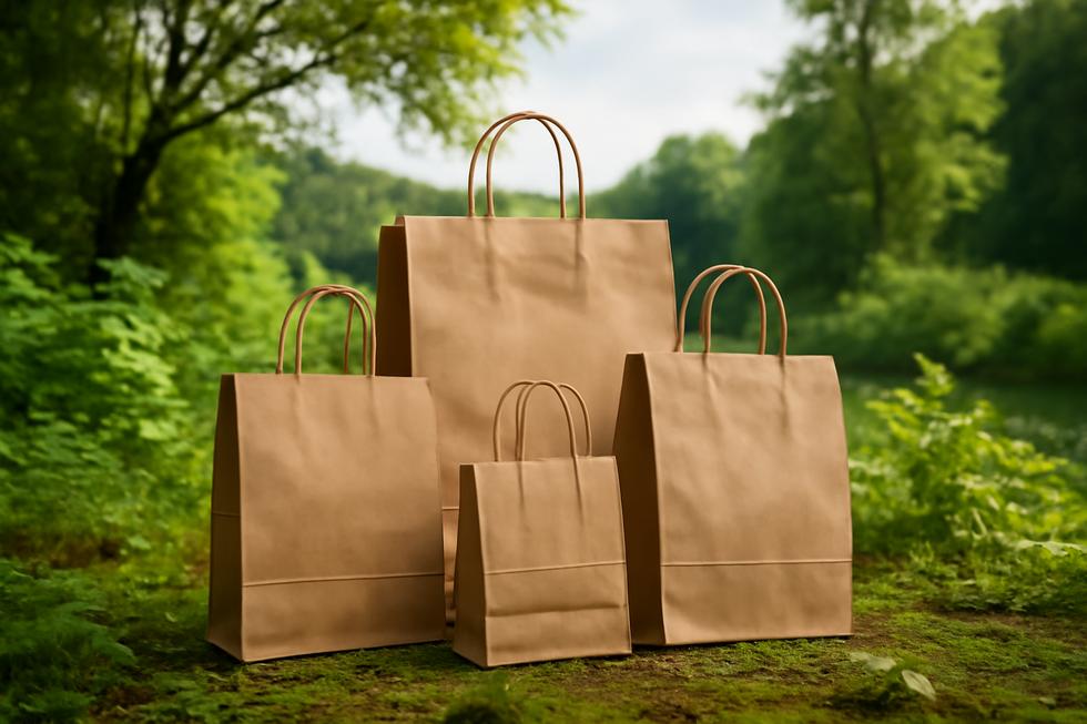 A picturesque view of khaki paper bags set in a natural environment, showcasing their connection to sustainability.