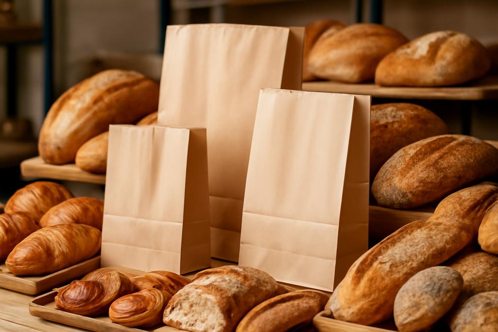 A picturesque bakery displaying a variety of breads and pastries in OEM paper bags, emphasizing fresh products and eco-friendly packaging.