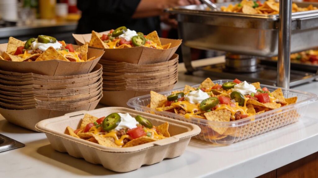 Cover image showing different nacho-serving vessels including paper bowls, compostable fiber tray, and plastic tray