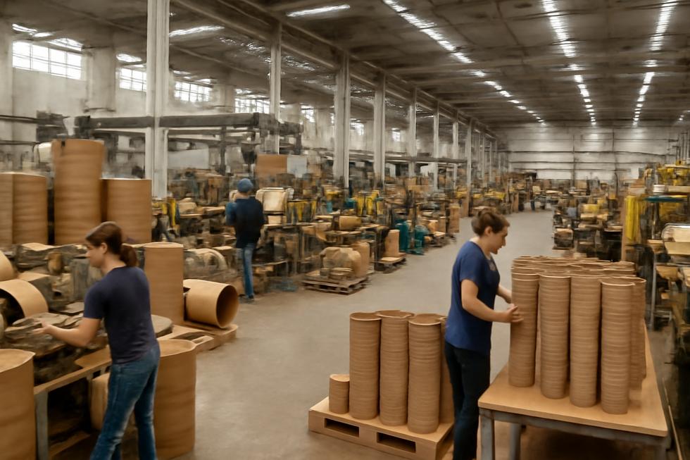 A busy paper bucket factory showcasing production lines with workers and machinery actively engaged in manufacturing.