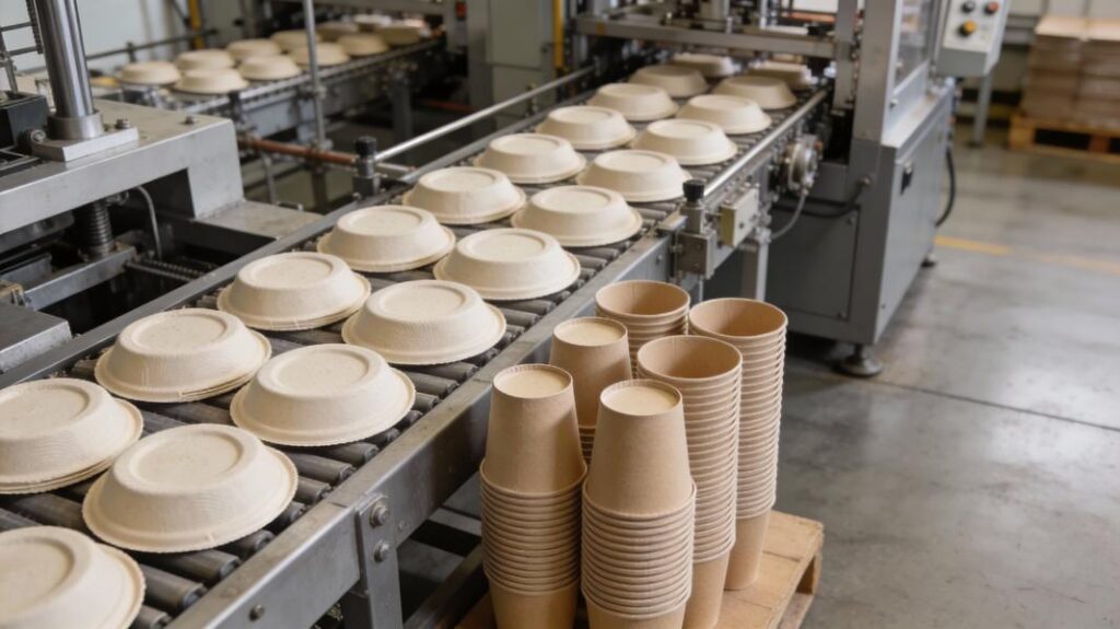 Production line featuring molded fiber lids and ready-to-serve cups.