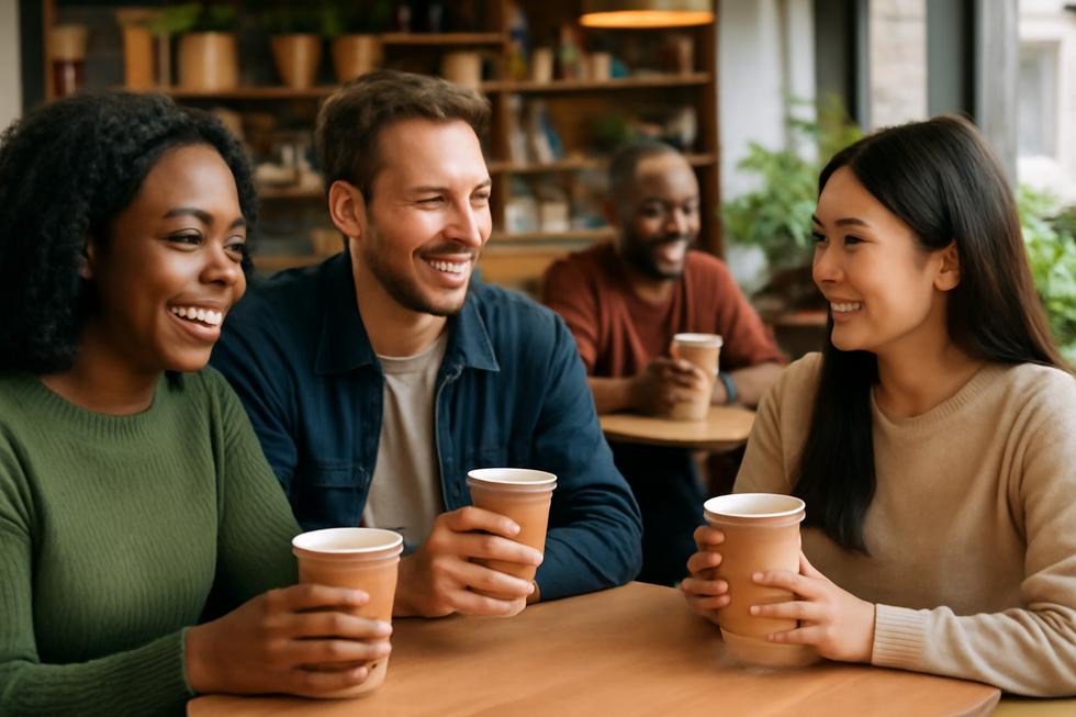 A café environment filled with customers enjoying drinks in PHA paper cups, highlighting sustainability.