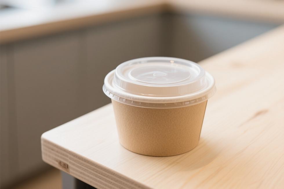 Photo-realistic cover image of a 360ml paper bowl with lid on a wooden surface.