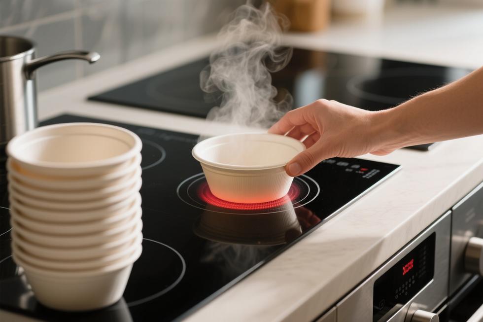 Photo-realistic cover image of hands using an induction cooker with a disposable induction bowl, illustrating efficiency and safety.