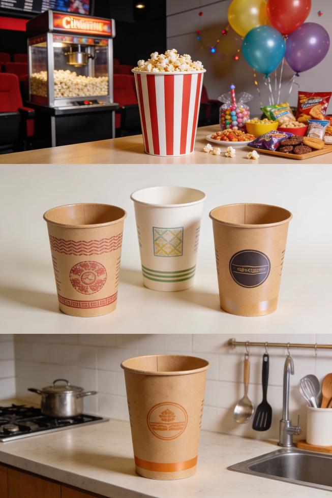 A photo-realistic collage of disposable paper buckets in cinema, event, and kitchen settings.