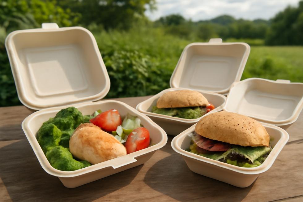 Arrangement of bagasse clamshell boxes filled with various foods, exemplifying eco-friendly packaging.