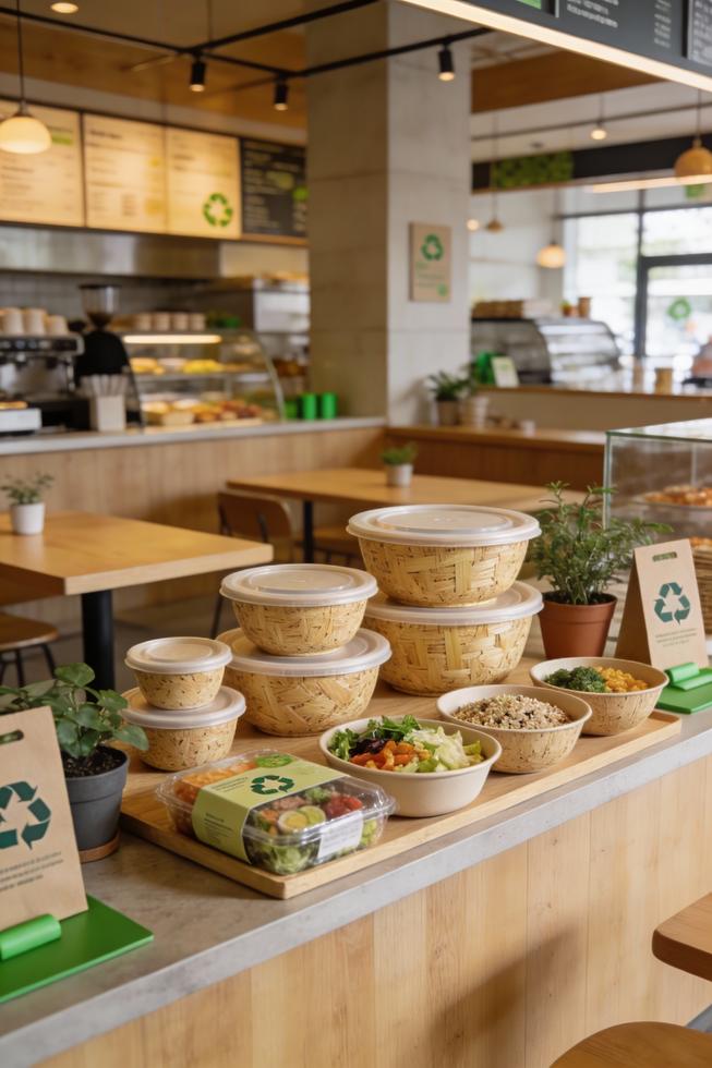 Wide-angle view of sugarcane bowls with meals on a cafe counter, emphasizing sustainable packaging.