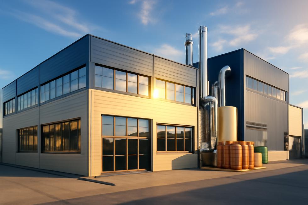 An industrial factory building specializing in disposable paper bucket production, showcasing modern architecture.