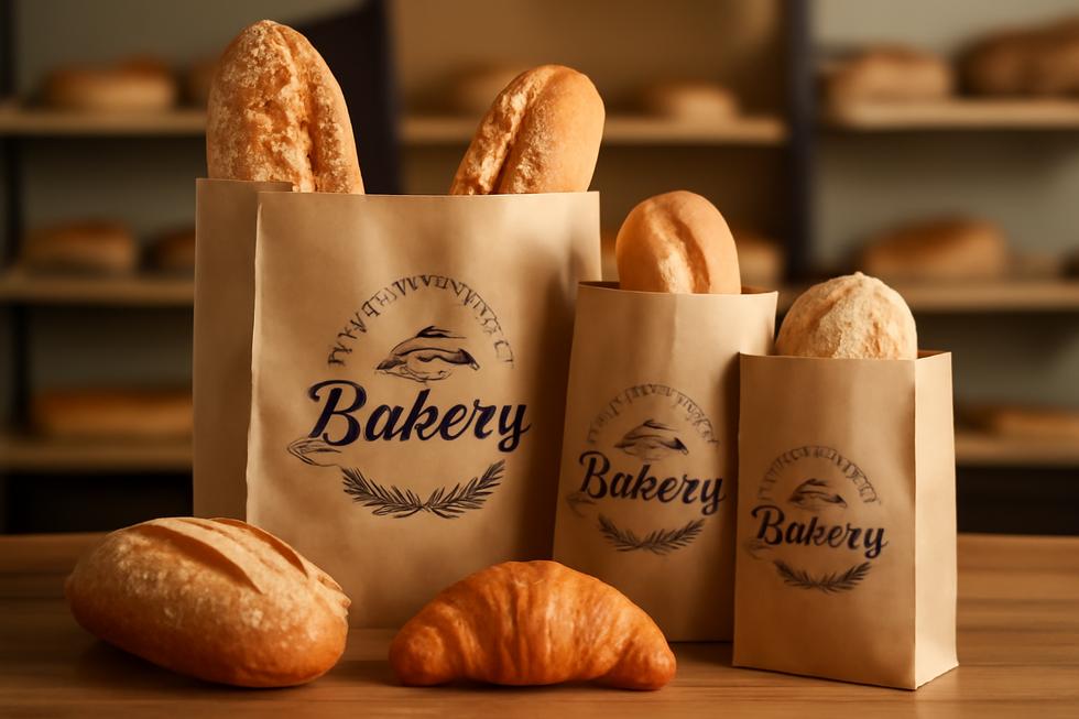 A display of various custom OEM bread paper bags filled with artisanal bread and pastries.