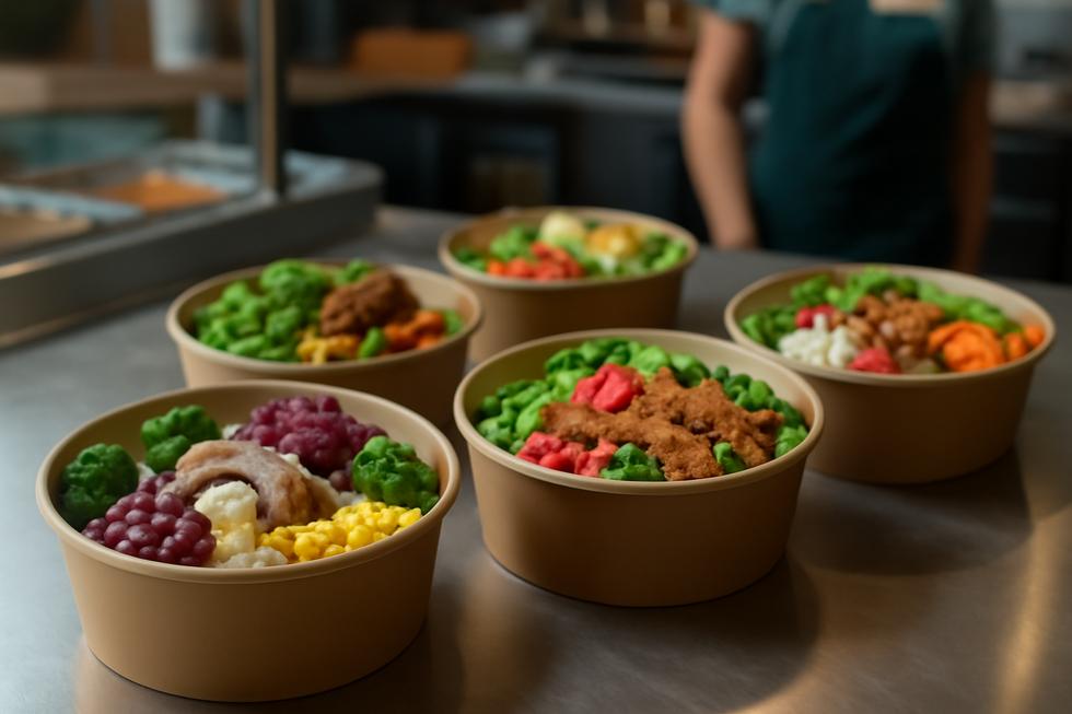 A lively image of a food service setting with various dishes served in 500ml paper bowls.