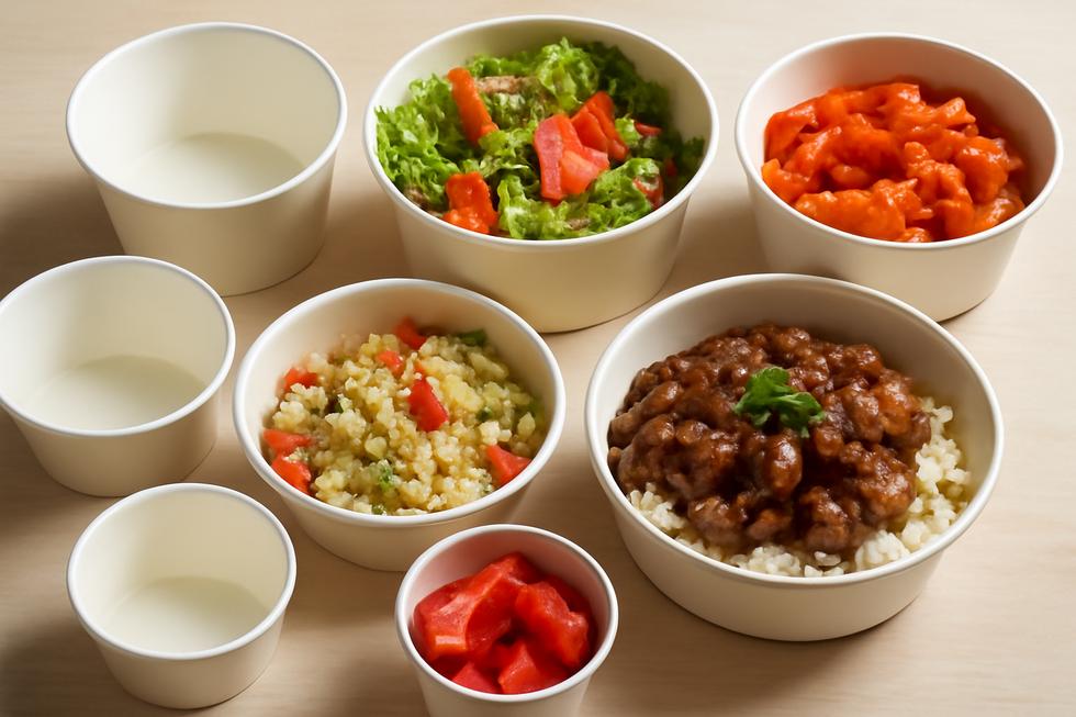 An assortment of white paper bowls filled with different food items, illustrating the versatility and appeal of disposable tableware.