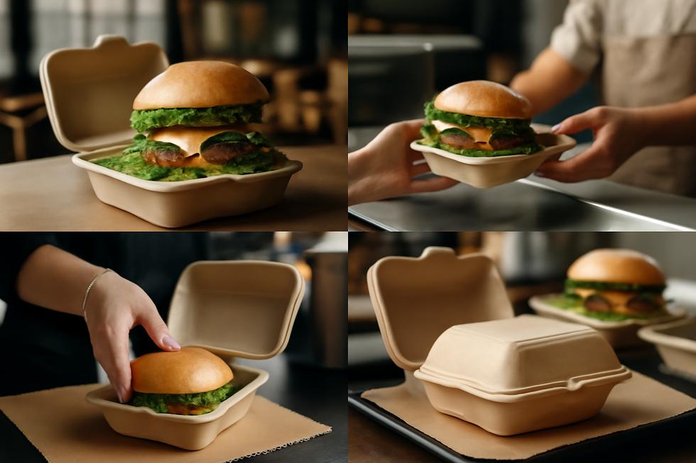 A montage of various compostable hamburger boxes used in different dining settings.