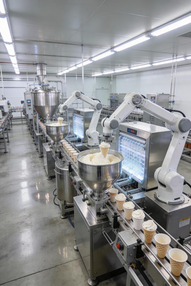 Wide, bright, high-tech ice cream cup production facility with automated lines.