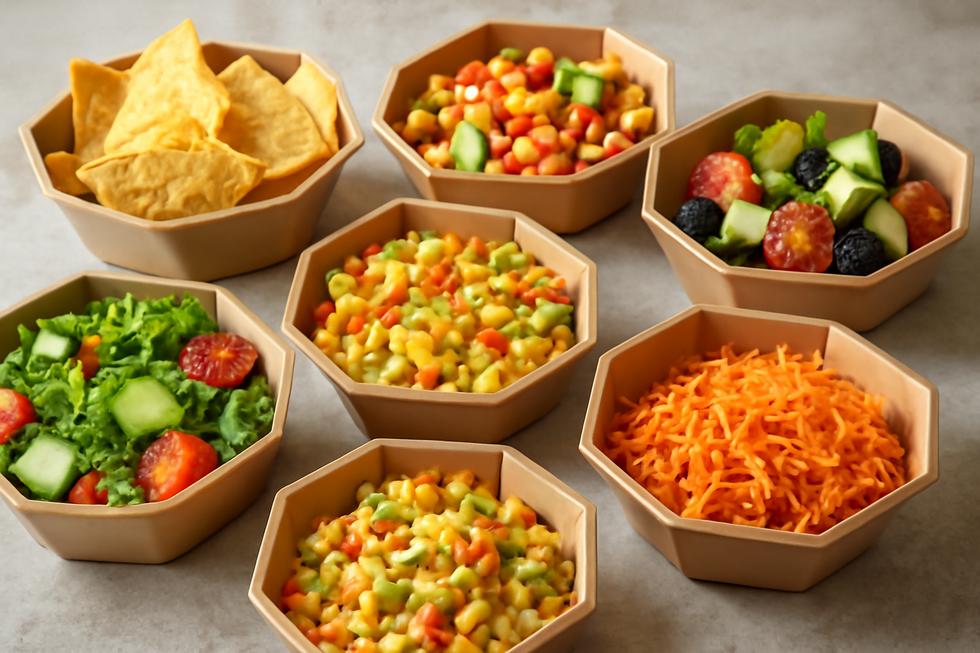 A collection of octagonal paper bowls with various salads, illustrating the versatility and attractiveness of these disposable tableware.