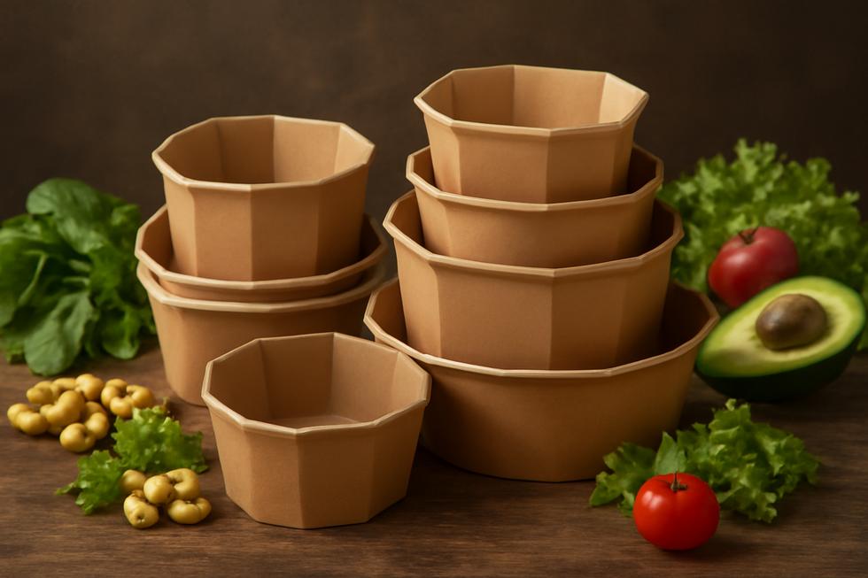 Octagonal paper bowls of different sizes arranged with fresh ingredients, showcasing their use in food packaging and service.