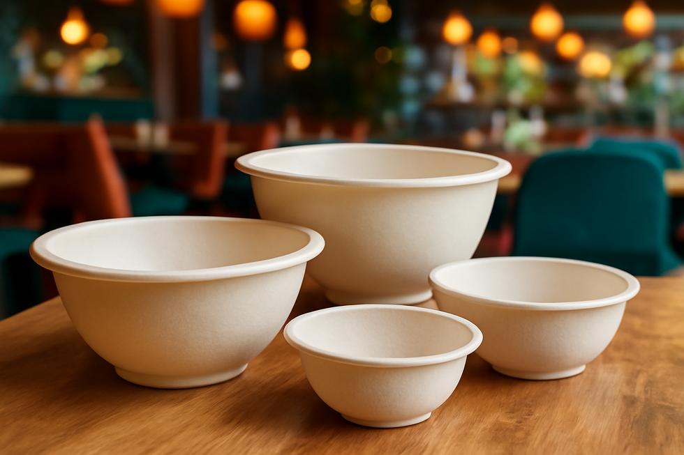 Artistic arrangement of sugarcane bowls in a lively restaurant.