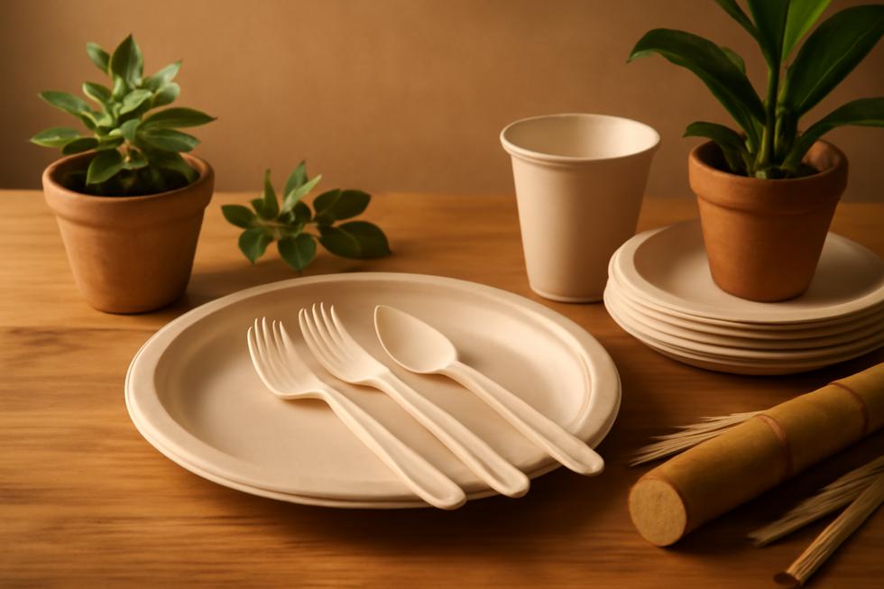 A beautifully arranged dining setting with sugarcane cutlery, emphasizing sustainability.