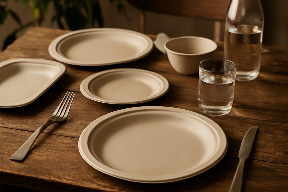 An eco-friendly dining scene featuring sugarcane plates, emphasizing their biodegradable aesthetic.
