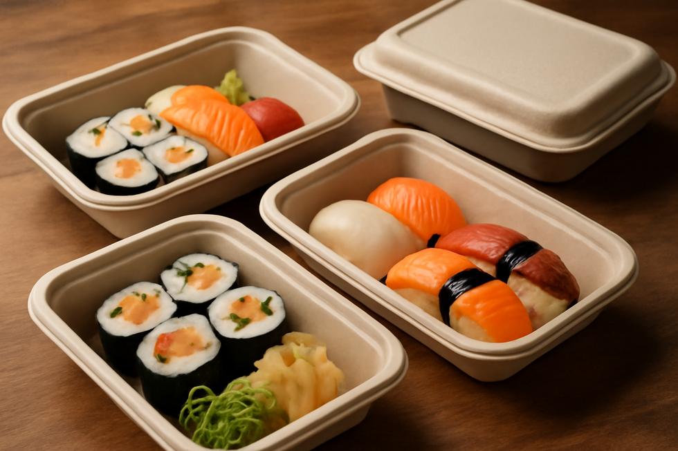An artistic arrangement of sushi in eco-friendly bagasse boxes on a dining table.