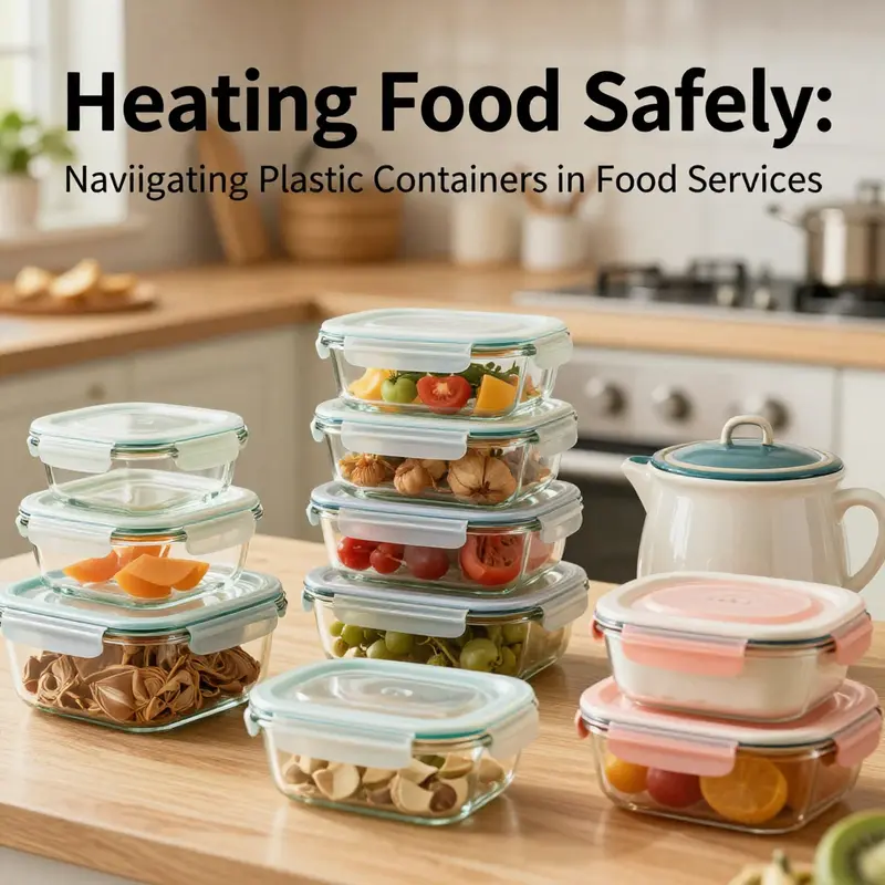 Labelled plastic containers ready for safe microwave heating in a professional kitchen.