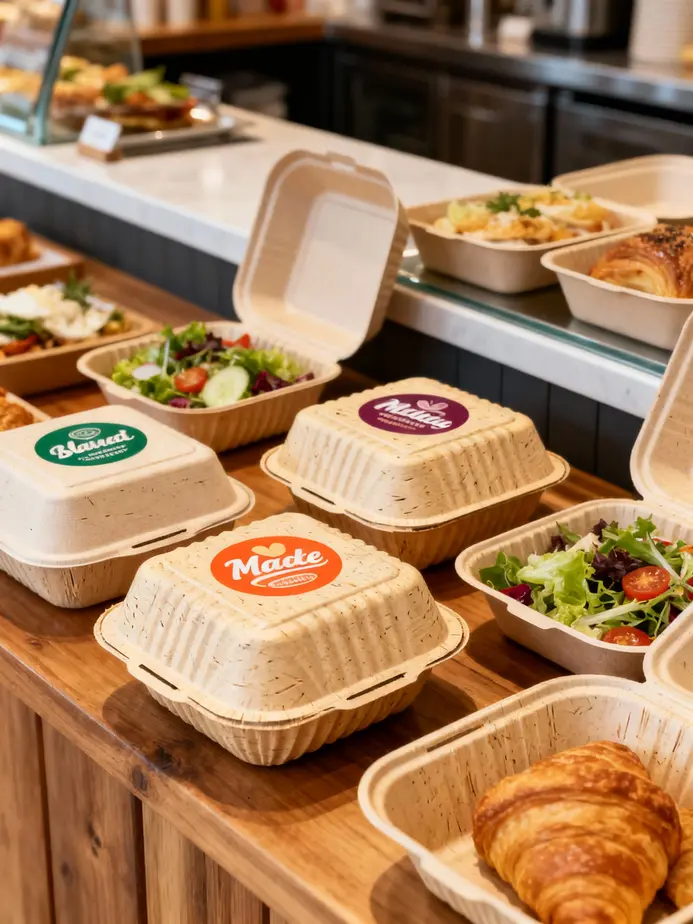 Customized sugarcane clamshells featuring diverse branding and design options.