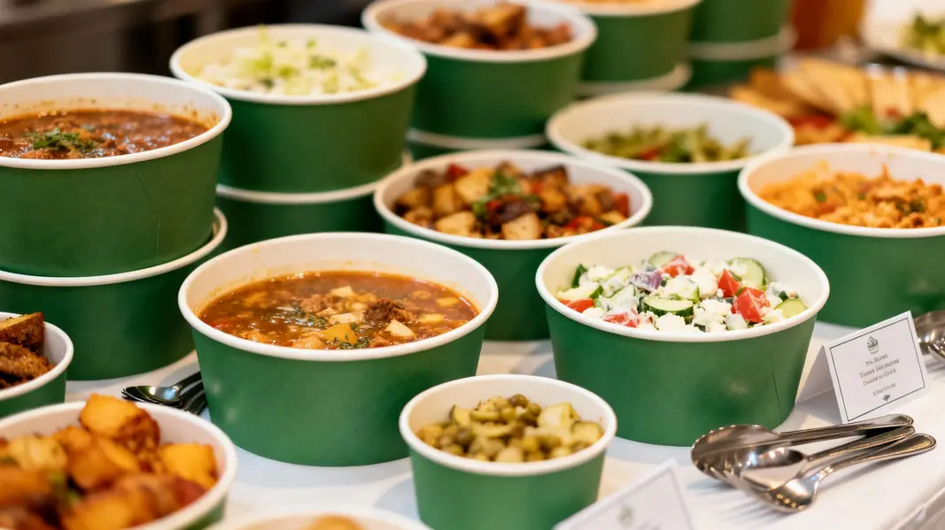 These compostable green paper bowls highlight sustainable materials and eco-labeling.