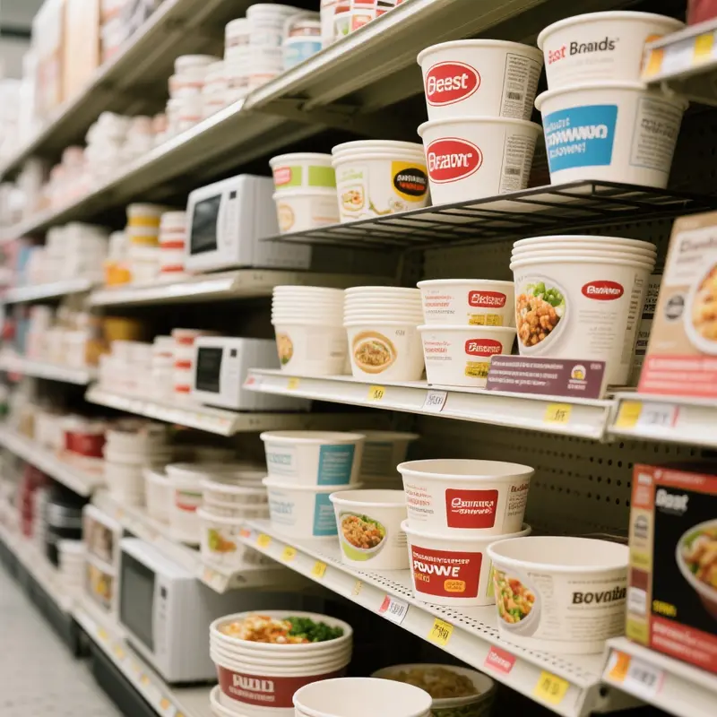 Microwave paper bowls displaying safety labeling ensuring they are designed for use in microwaves.