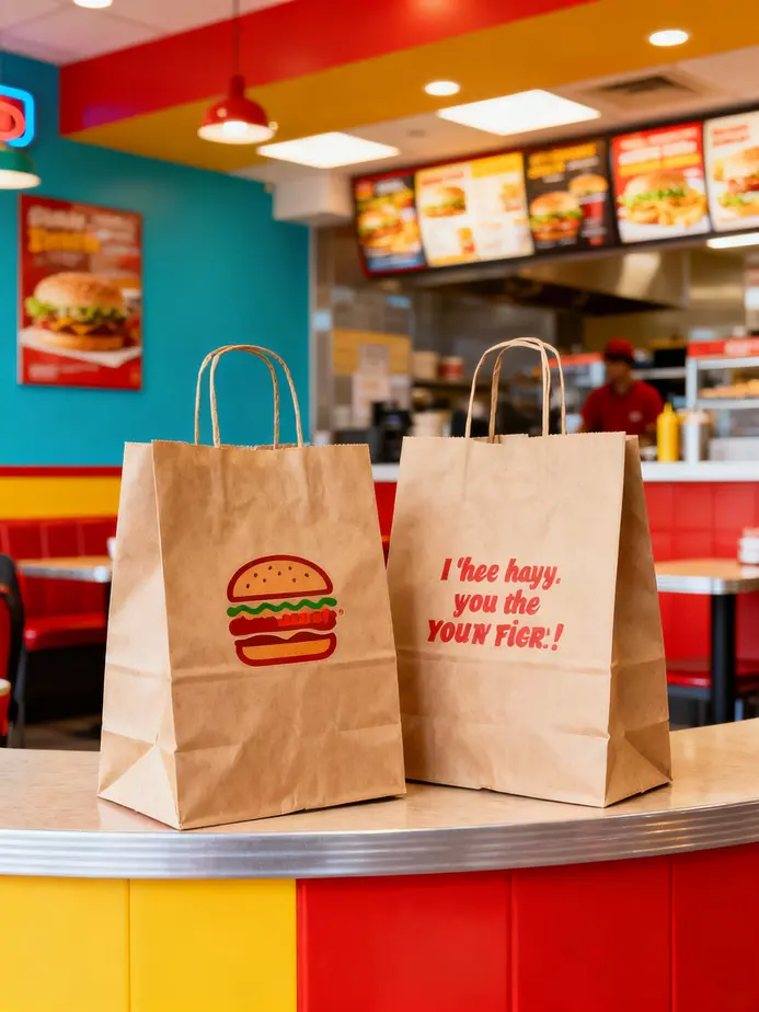 A variety of fast food paper bags demonstrating the different styles and designs available for restaurants.