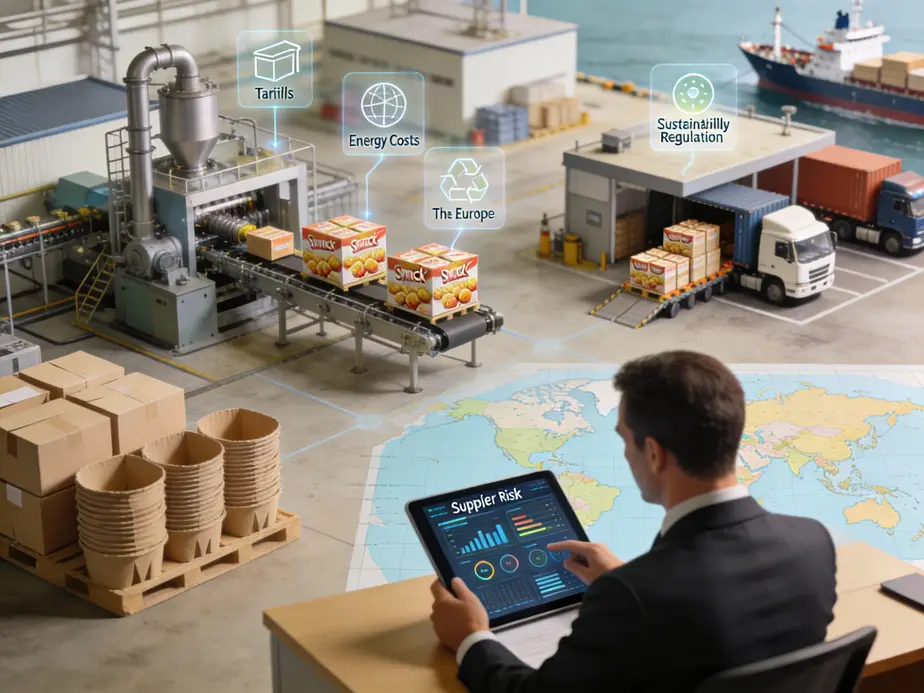 Diverse snack box formats and market players on a modern production line.