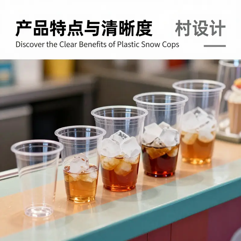 Different sizes of clear plastic snow cone cups displayed with vibrant syrups, emphasizing their clarity and functional design.
