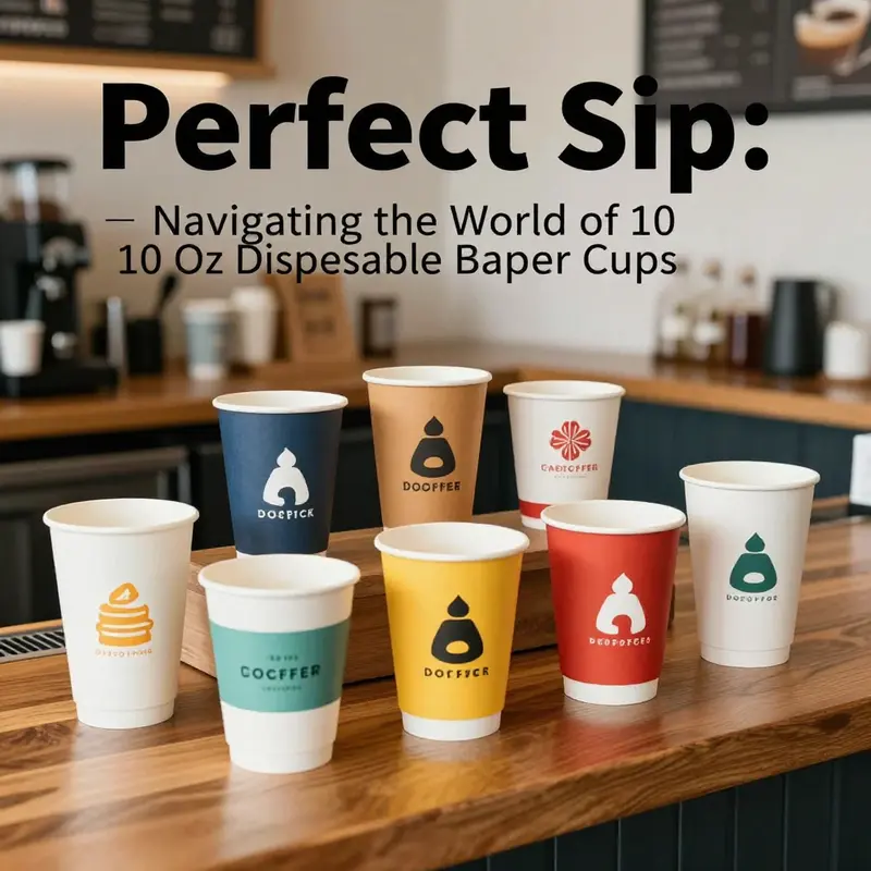 Collection of different 10 oz disposable paper cups in a coffee shop environment.