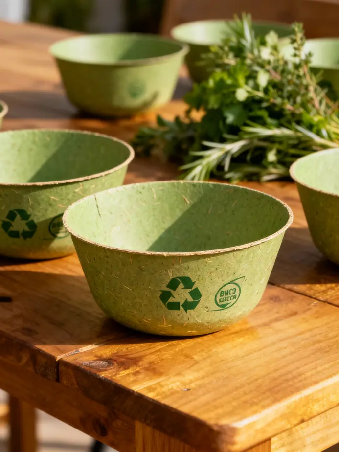 These compostable green paper bowls highlight sustainable materials and eco-labeling.
