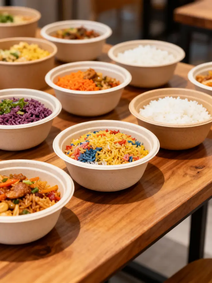Compostable disposable rice bowls made from eco-friendly materials.