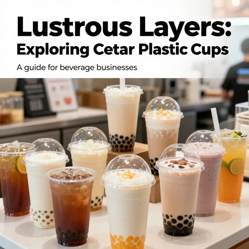 A variety of clear-coated plastic cups displayed in a colorful beverage service context, ideal for bubble tea and other drinks.