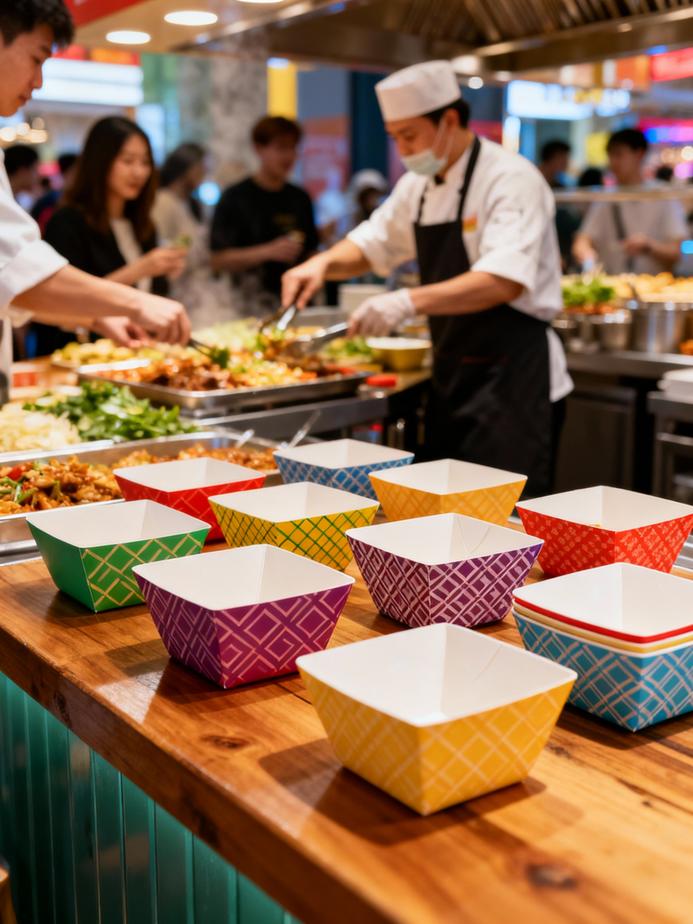 A dynamic scene displaying customized square paper bowls filled with food, highlighting their usage in the food service industry.