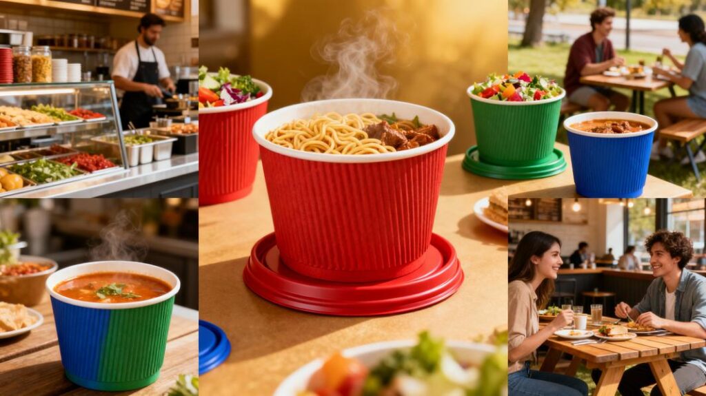 Deep paper bowls displayed in a food service environment, highlighting their use and benefits.