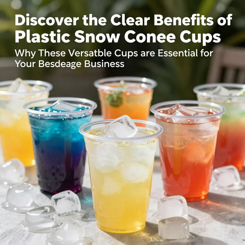A sunny outdoor scene featuring colorful clear plastic snow cone cups filled with syrups and ice, inviting customers to enjoy a refreshing treat.