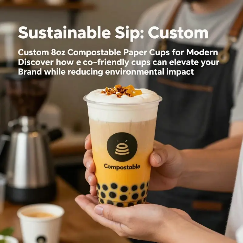 Barista presenting a beautifully designed custom 8oz compostable paper cup filled with bubble tea, showcasing eco-friendly beverage service.