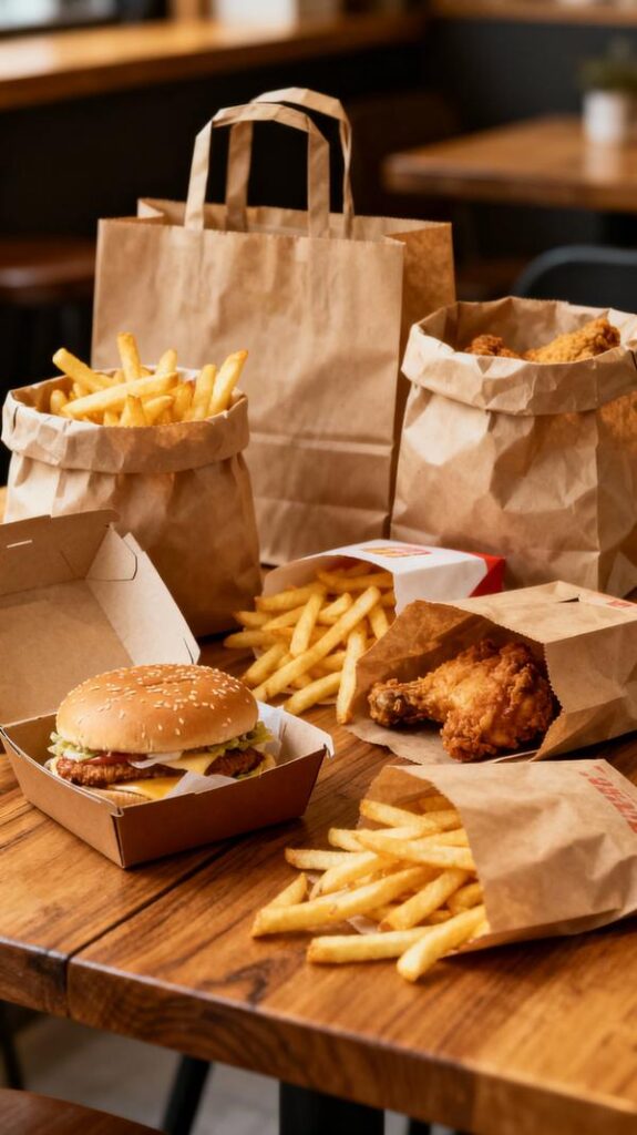 An assortment of fast food paper bags and boxes arranged beautifully with food items visible.