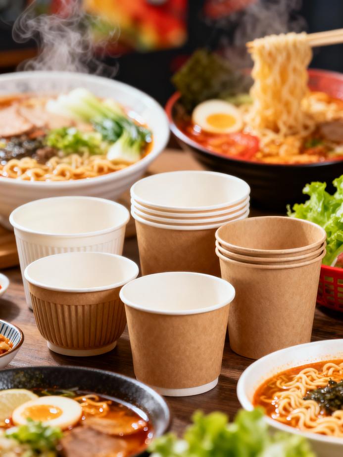 A colorful array of paper ramen bowls that symbolize the evolution and appeal of eco-friendly food service options.