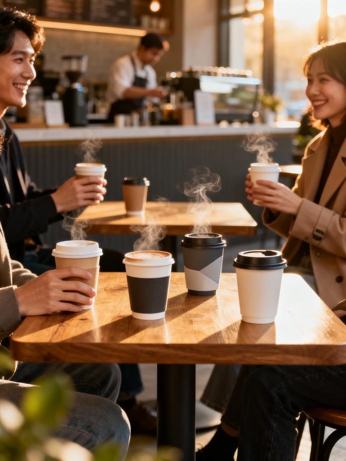A dynamic café environment where customers are enjoying takeaway coffee cups at tables.