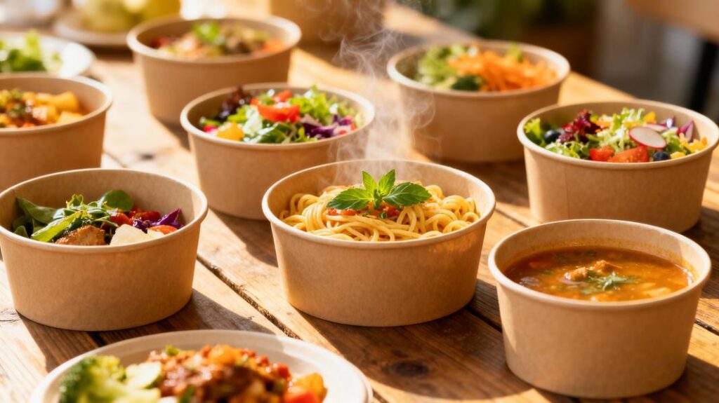 An organized setting with water-based coated paper bowls filled with vibrant food options, promoting eco-friendly dining.