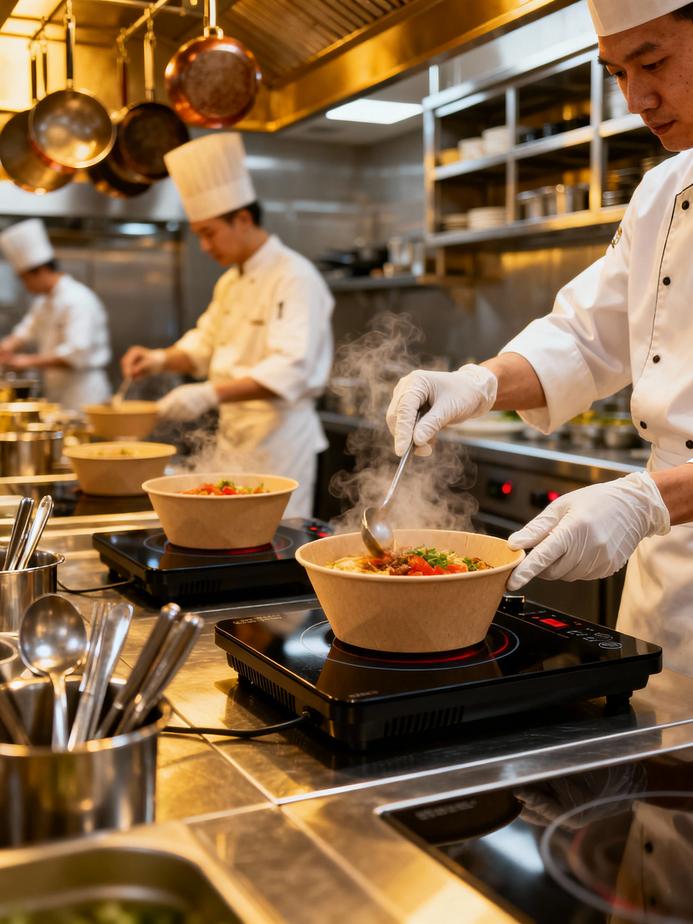 A busy kitchen with chefs preparing food using induction paper bowls on induction cookers.