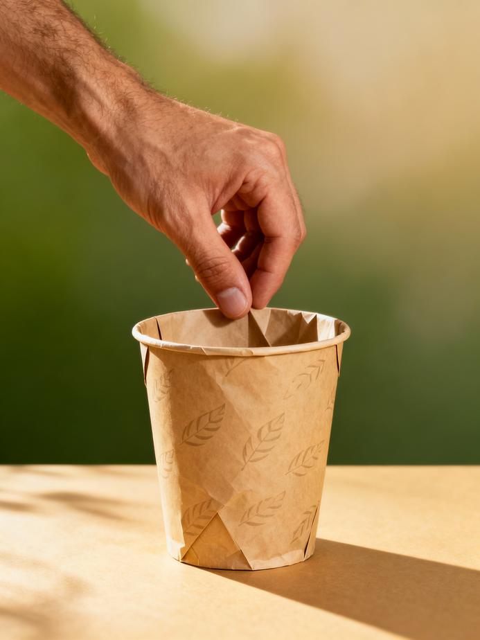 A hand holding a sustainable paper bucket, symbolizing growth in eco-friendly packaging.