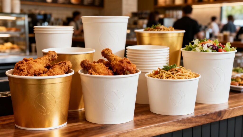 An appealing arrangement of disposable paper buckets in food service environments, showcasing their functional and eco-friendly nature.