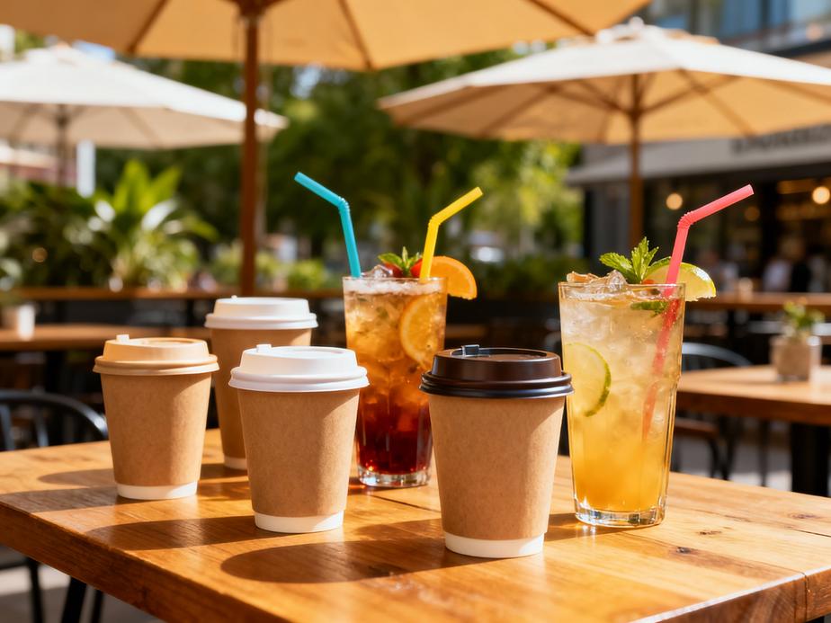 Assorted paper cups with various types of lids in a scenic outdoor cafe setting.