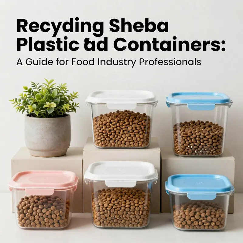A Sheba plastic cat food container highlighting the important recycling symbols for identification.